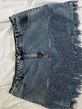 Fashion Nova Blue Denim Fringe Mini Skirt